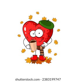 Cute cartoon human heart with a cup of hot drink and autumn wether. Great character for your design.