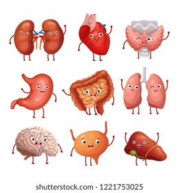 Cute cartoon human organs. Stomach, lungs and kidneys, brain and heart, liver. Funny inner organs vector anatomy characters