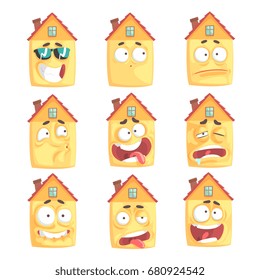 Cute cartoon humanized house with with many expressions set of vector Illustrations
