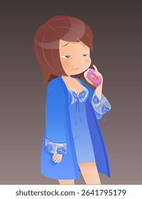 A cute cartoon of a hungry woman in blue sleepwear sneaking out of bed at night to eat a donut because she couldn't sleep with her tummy rumbling.