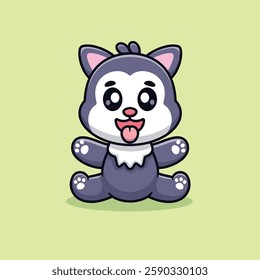 Cute Cartoon Husky Dog Sitting Sweetly Smiling Vector Icon Illustration. Animal Nature Icon Concept Isolated Premium Vector. Animals Cartoon Style