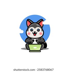 A cute cartoon husky with fur is happily typing on a green laptop against a blue sky background