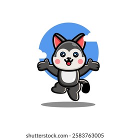 A cute cartoon husky jumping with arms outstretched set against a blue sky with clouds