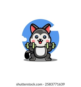 A cute cartoon husky lifting dumbbells with a blue sky and clouds background