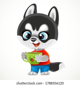 Cute cartoon husky puppy holding a cup of coffee or tea in its paws isolated on a white background