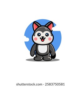 Cute cartoon husky with white belly standing on two legs blue sky background with clouds