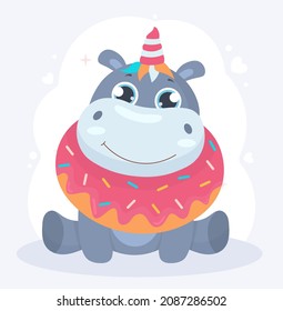 Cute Cartoon hypopotamus. Smiling hippo with donut and unicorn horn sits against background of cloud. Design element for postcards and prints on children clothing. Cartoon flat vector illustration