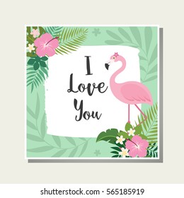Cute cartoon "I Love You" card with tropical leaves, flowers
