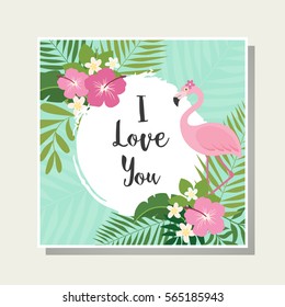 Cute cartoon "I Love You" card with tropical leaves, flowers and flamingo