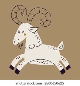 Cute cartoon ibex mountain goat character running with large curved horns, isolated on a brown background.