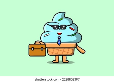 Cute cartoon Ice cream businessman character holding suitcase illustration