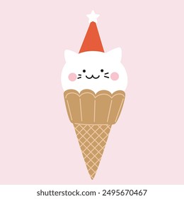 Cute cartoon ice cream cat in waffle cone.  Hand drawn Christmas vector illustration. Funny xmas background, poster, card, social media banner.