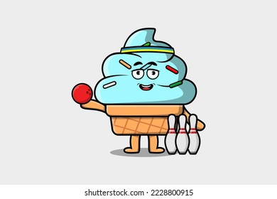 Cute cartoon Ice cream character playing bowling in flat modern style design illustration