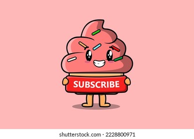 Cute cartoon Ice cream character holding red subscribe board