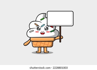 Cute cartoon Ice cream character holding blank board in vector flat cartoon style illustration