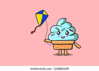 Cute cartoon Ice cream character playing kite flying cartoon icon vector illustration