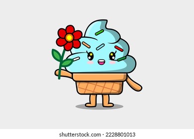 Cute cartoon Ice cream character holding red flower in concept 3d cartoon style