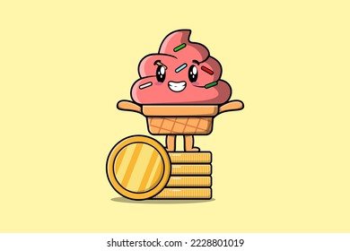Cute cartoon Ice cream character standing in stacked gold coin vector illustration in flat cartoon