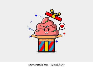 Cute cartoon Ice cream character holding gift box in vector icon illustration