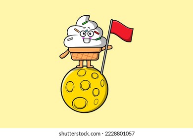Cute cartoon Ice cream character standing on the moon with flag in 3d modern design illustration