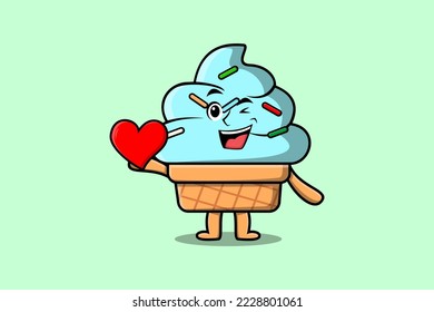 Cute cartoon Ice cream character holding big red heart in modern style design illustration