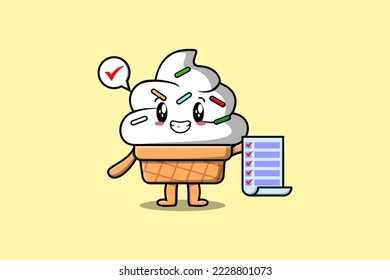 Cute cartoon Ice cream character holding checklist note in concept flat cartoon style
