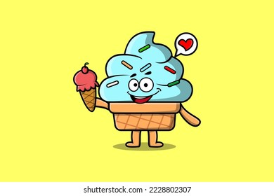 Cute Cartoon Ice cream character holding ice cream cone in modern cute style illustration