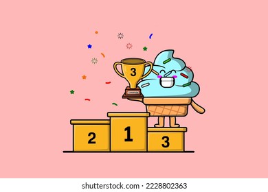 Cute cartoon Ice cream character as the third winner with happy expression in modern illustration