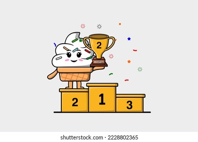 Cute cartoon Ice cream character as the second winner with happy expression in modern illustration