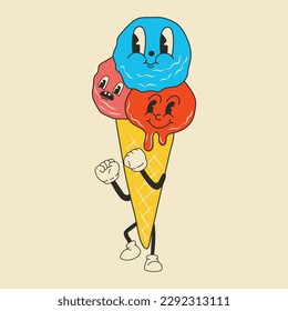 Cute Cartoon Ice cream character. Happy and cheerful emotions. Old animation 60s 70s, funny cartoon characters. Trendy illustration in retro style.