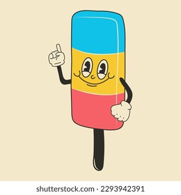 Cute Cartoon Ice cream character. Happy and cheerful emotions. Old animation 60s 70s, funny cartoon characters. Trendy illustration in retro style.