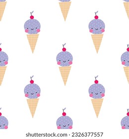 Cute cartoon ice cream character - vector seamless pattern in doodle style. 