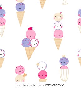 Cute cartoon ice cream character - vector seamless pattern in doodle style. 
