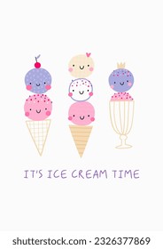 Cute cartoon ice cream character - vector illustration in doodle style. 