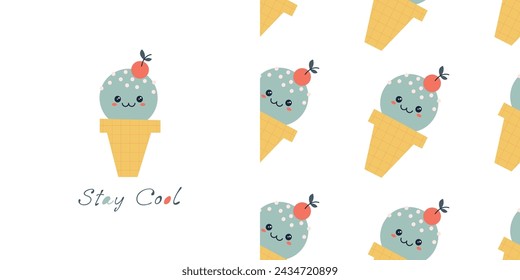 Cute cartoon ice cream character seamless pattern. Summer cherry gelato ball repeating background. Sweet texture design. Vector illustration for textile, cafe menu, wrapping paper, kids wallpaper