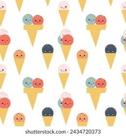 Cute cartoon ice cream characters seamless pattern. Summer gelato balls repeating background. Sweet texture design. Vector illustration for textile, cafe menu, wrapping paper, kids wallpaper