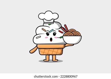 Cute cartoon Ice cream chef character holding noodles in bowl flat cartoon style illustration