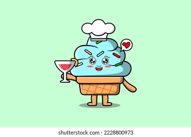 Cute cartoon Ice cream chef character holding wine glass flat cartoon style illustration