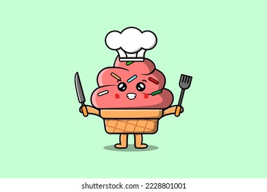 Cute cartoon Ice cream chef character holding knife and fork in flat cartoon style illustration