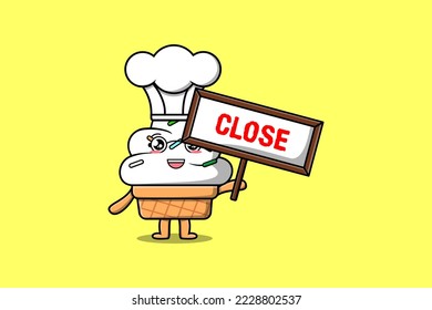 Cute cartoon Ice cream chef character holding close sign board designs in flat cartoon style