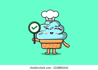 Cute cartoon Ice cream chef character holding correct sign board in vector character illustration