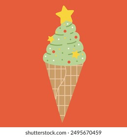 Cute cartoon ice cream Christmas tree in waffle cone.  Hand drawn vector illustration. Funny xmas background, poster, card, social media banner.