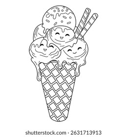 Cute Cartoon Ice Cream Cone with Sprinkles and Wafers