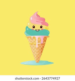 Cute cartoon ice cream cone with smiling face, colorful scoops, and melting effect on yellow background. Perfect for kids products, summer themes, or fun dessert illustrations