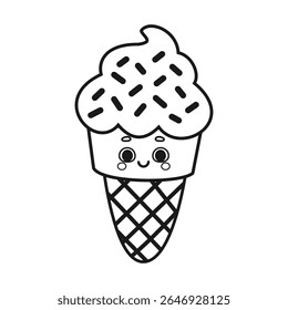 Cute cartoon ice cream cone with sprinkles coloring page vector Illustration isolated on white background