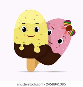 linda pareja de helados de dibujos animados con cara feliz