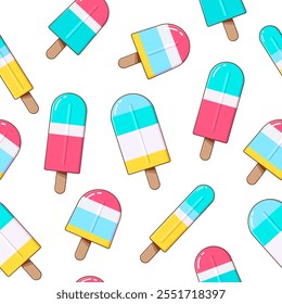 Lindos postres de helado de dibujos animados, esquimales y paletas de helado sin patrón, fondo. Ilustraciones vectoriales