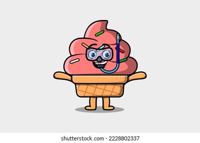 Cute cartoon Ice cream diver with swimming glass in flat modern style design