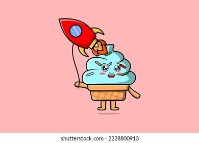Cute cartoon Ice cream floating with rocket balloon cartoon vector illustration