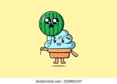 Cute cartoon Ice cream floating with ice cream balloon in flat cartoon vector icon illustration